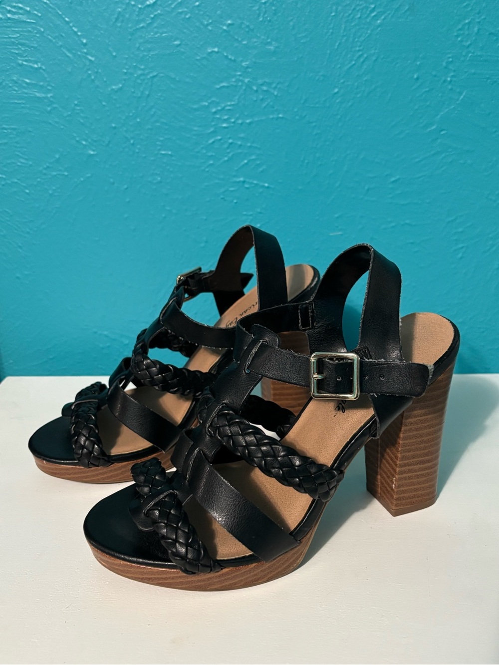 American Eagle Black Braided-Strap Block Heel Sandals -Sz:7
